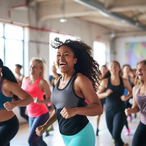 a group of women smiling while exercise together
