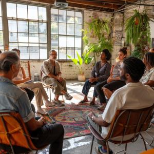 a group of people in a circle indoors
