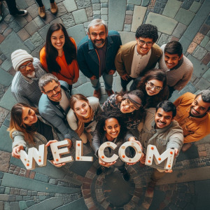 A group of people outside, one of them is holding a sign that says Welcome
